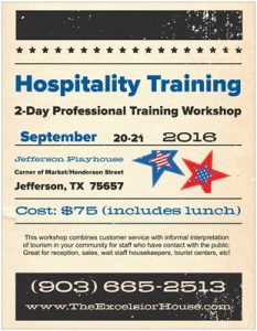 Hospitality Training Workshop @ Jefferson Playhouse | Jefferson | Texas | United States